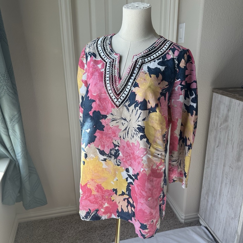 Charter Club Sz S Luxury Floral Linen Tunic Top Beaded V Neck‎ Long Sleeve